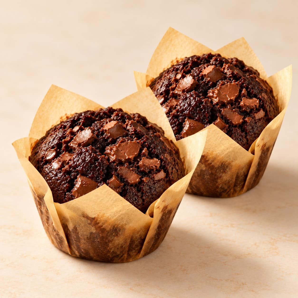 Two chocolate chunk muffins in tulip paper cases
