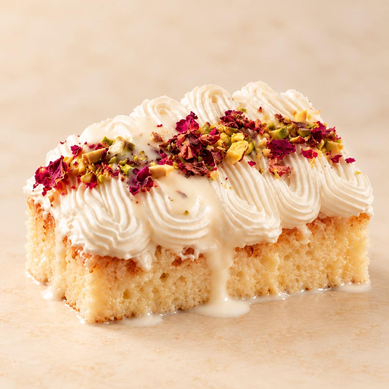 A slice of milk-soaked sponge with piped cream, dried rose petals and crushed pistachios