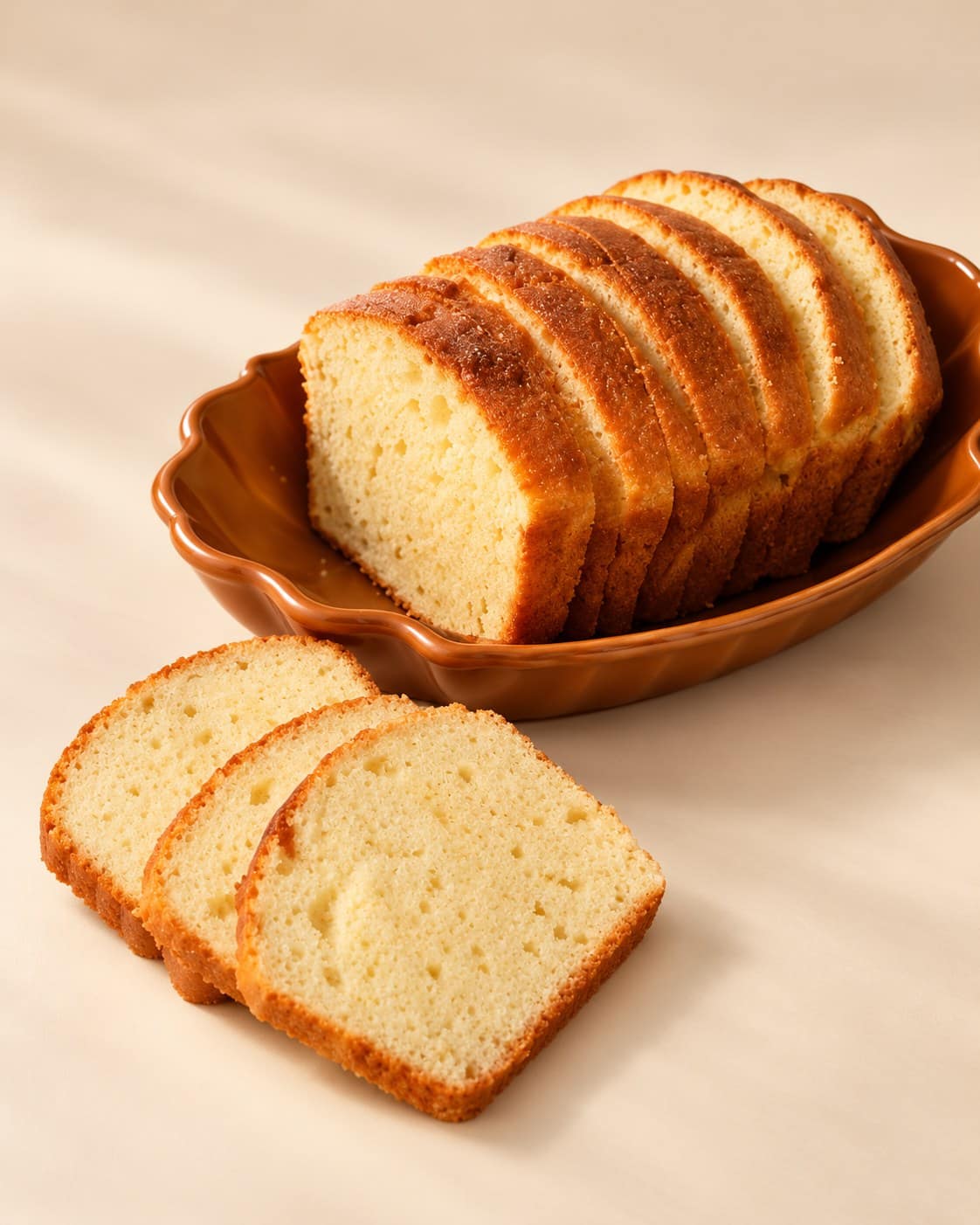Golden slices of tea cake in a terracotta dish, with three slices laid beside it